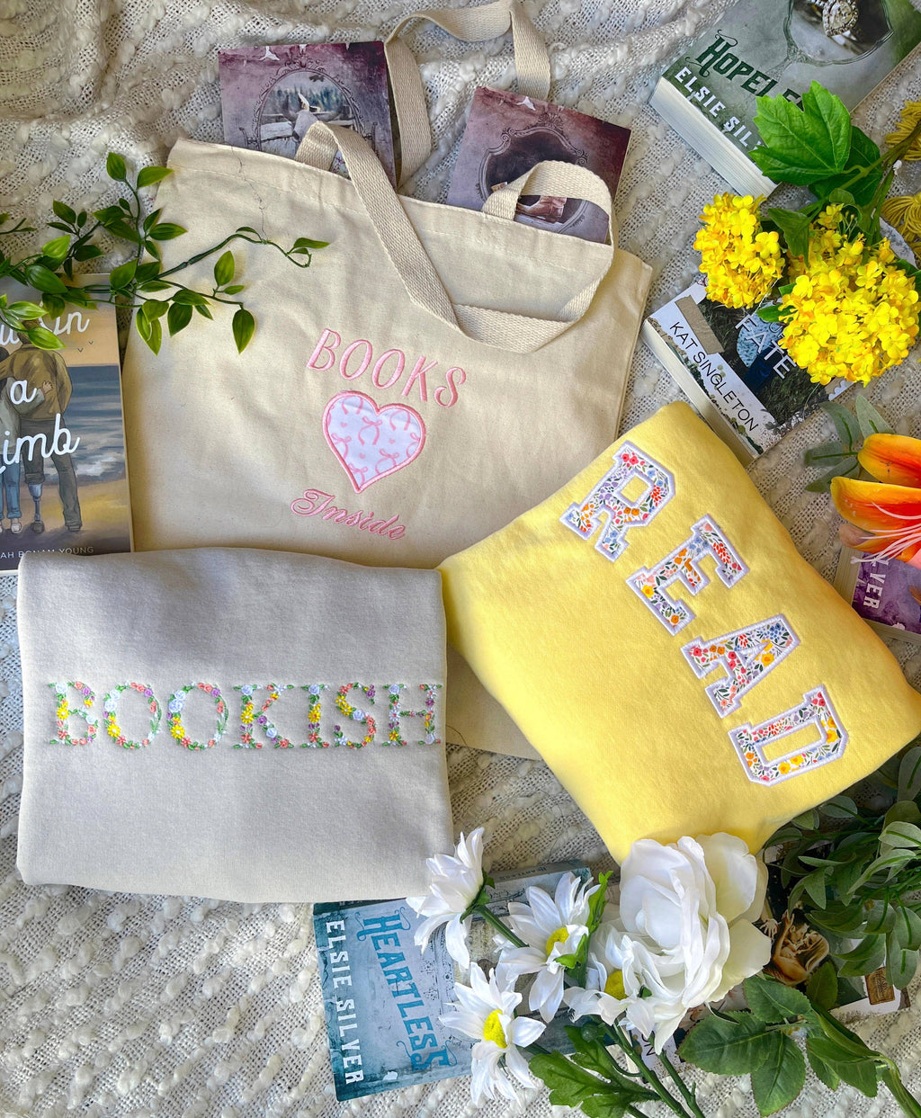 Bookish Floral Spring Embroidered Sweatshirt / Book Sweashirt