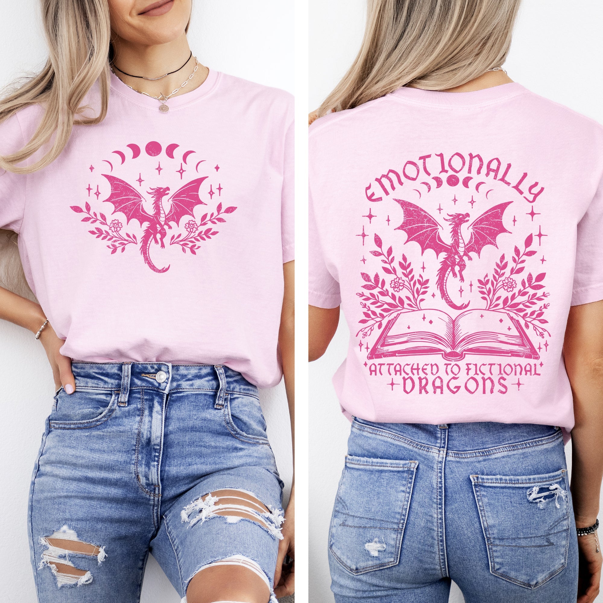 Emotionally Attached To Fictional Dragons, Romantasy, Booktok, Reading, Library, Books, Front and Back, Comfort Colors T-Shirt