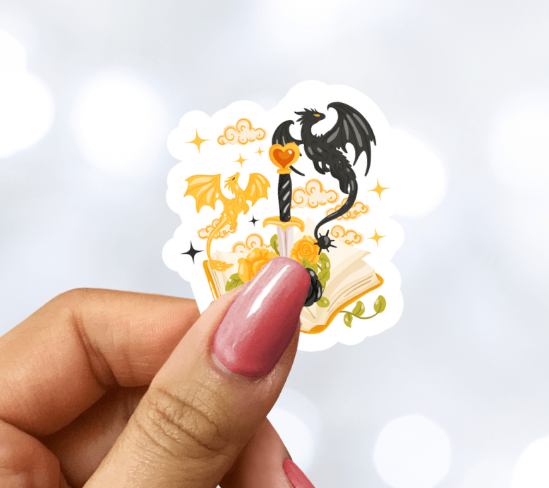 Fourth Wing Inspired Book Dagger and Dragons Sparkle Vinyl Sticker – Durable Waterproof Bookish Decal